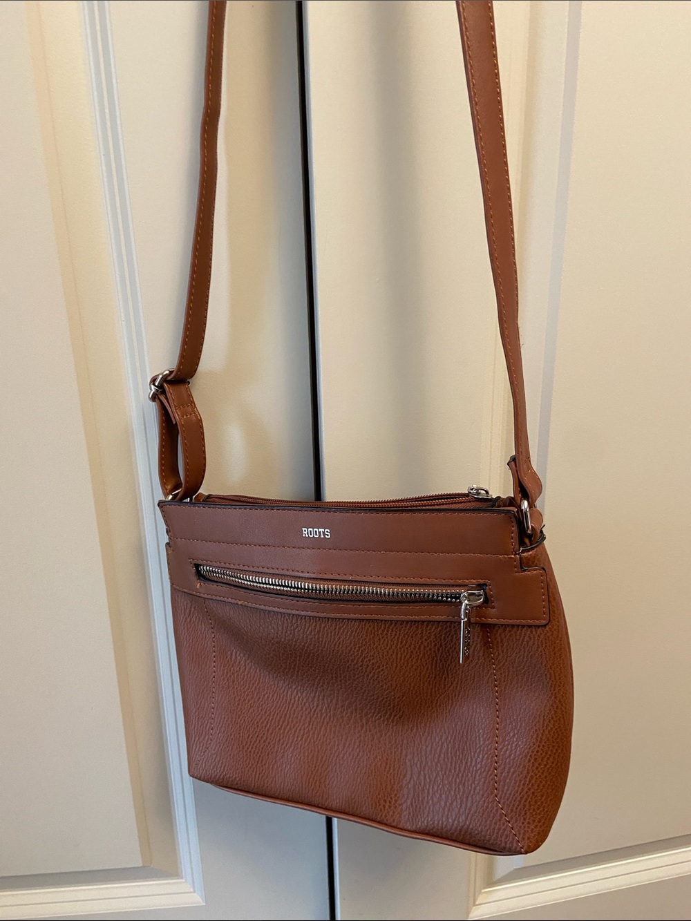 Roots Brown Faux Leather Crossbody Bag
